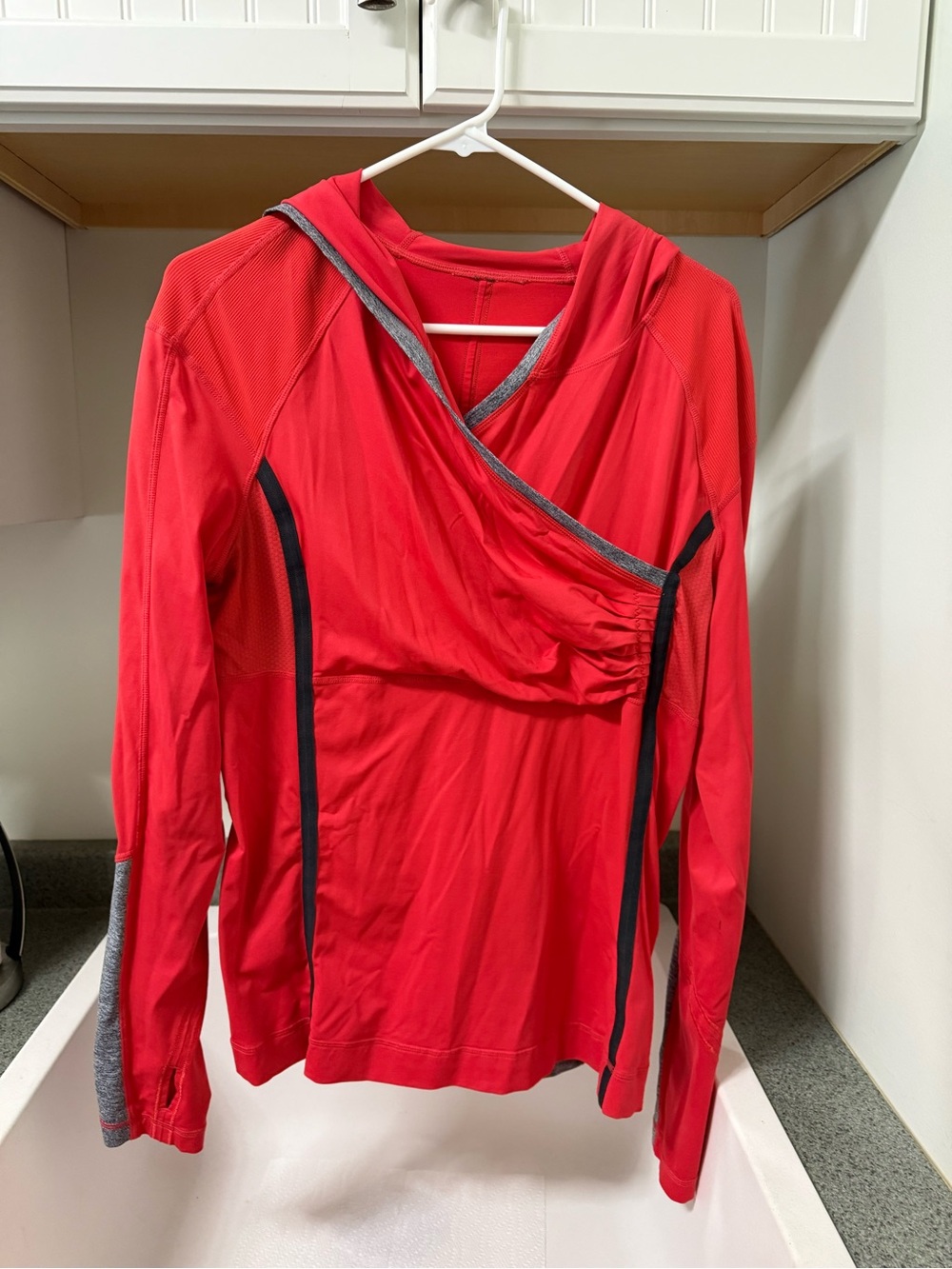 lululemon athletica Red Long-Sleeve Hooded Wrap Top with Gray Trim size 12